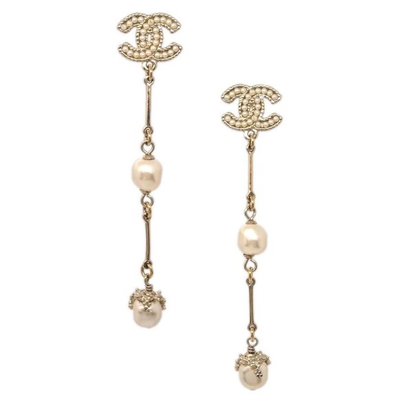 Chanel CC Dangle Piercing Earrings Gold Artificial Pearl A12A 124927 - Picture 1 of 8